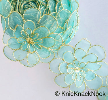 Blue / Pink / Red And Gold Layered Flowers, Cut work Tissue Trim, 3-D Flower Trim